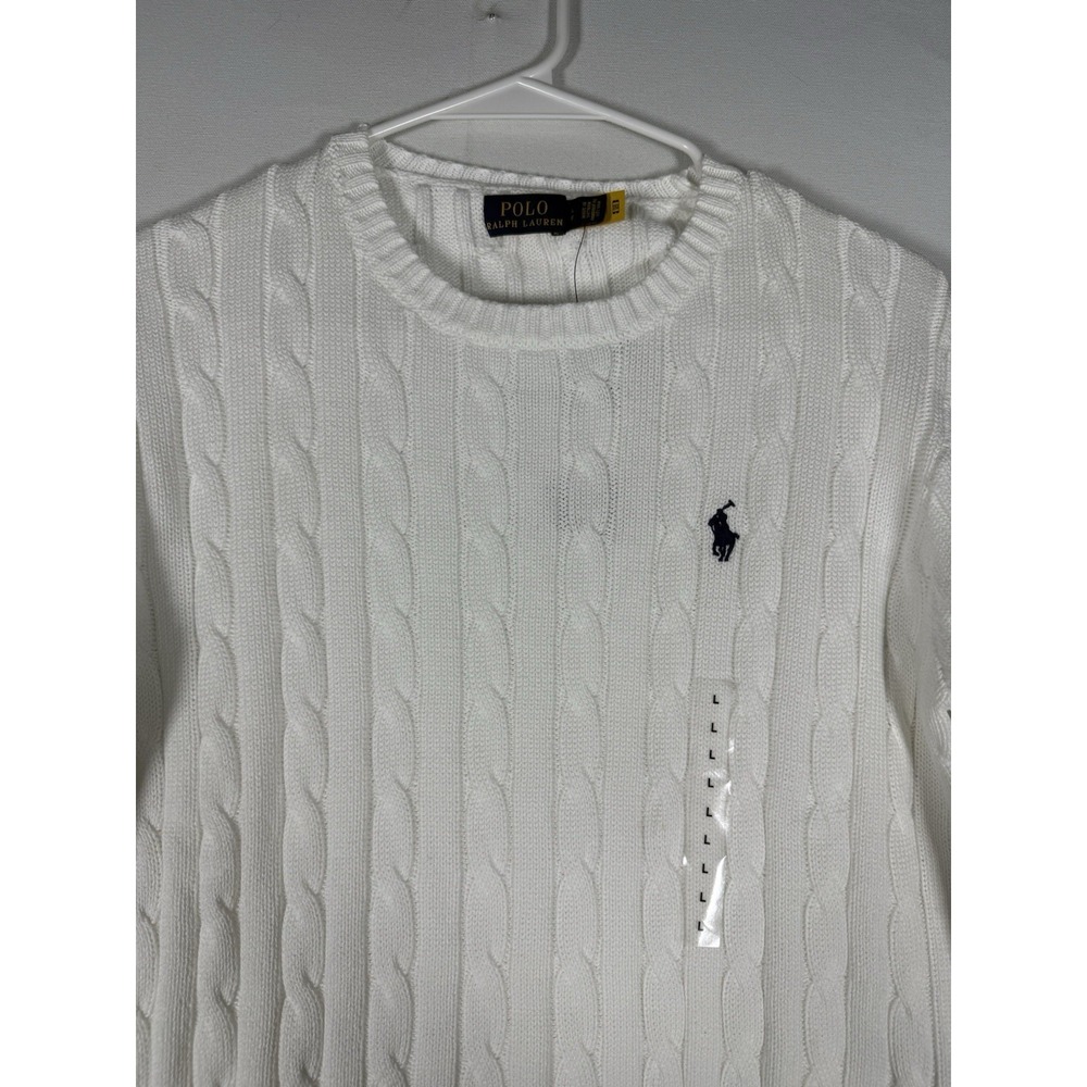 NWT Polo Ralph Lauren Sweater Women's Large White Cotton Cable Knit Crew Neck - Picture 2 of 10